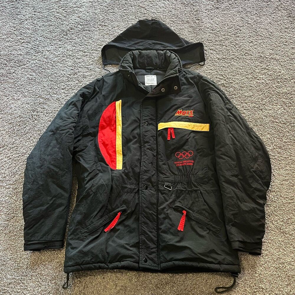 VTG 1992 Mars Brand Olympics Puffer Jacket Parka Hooded Black Large Albertville
